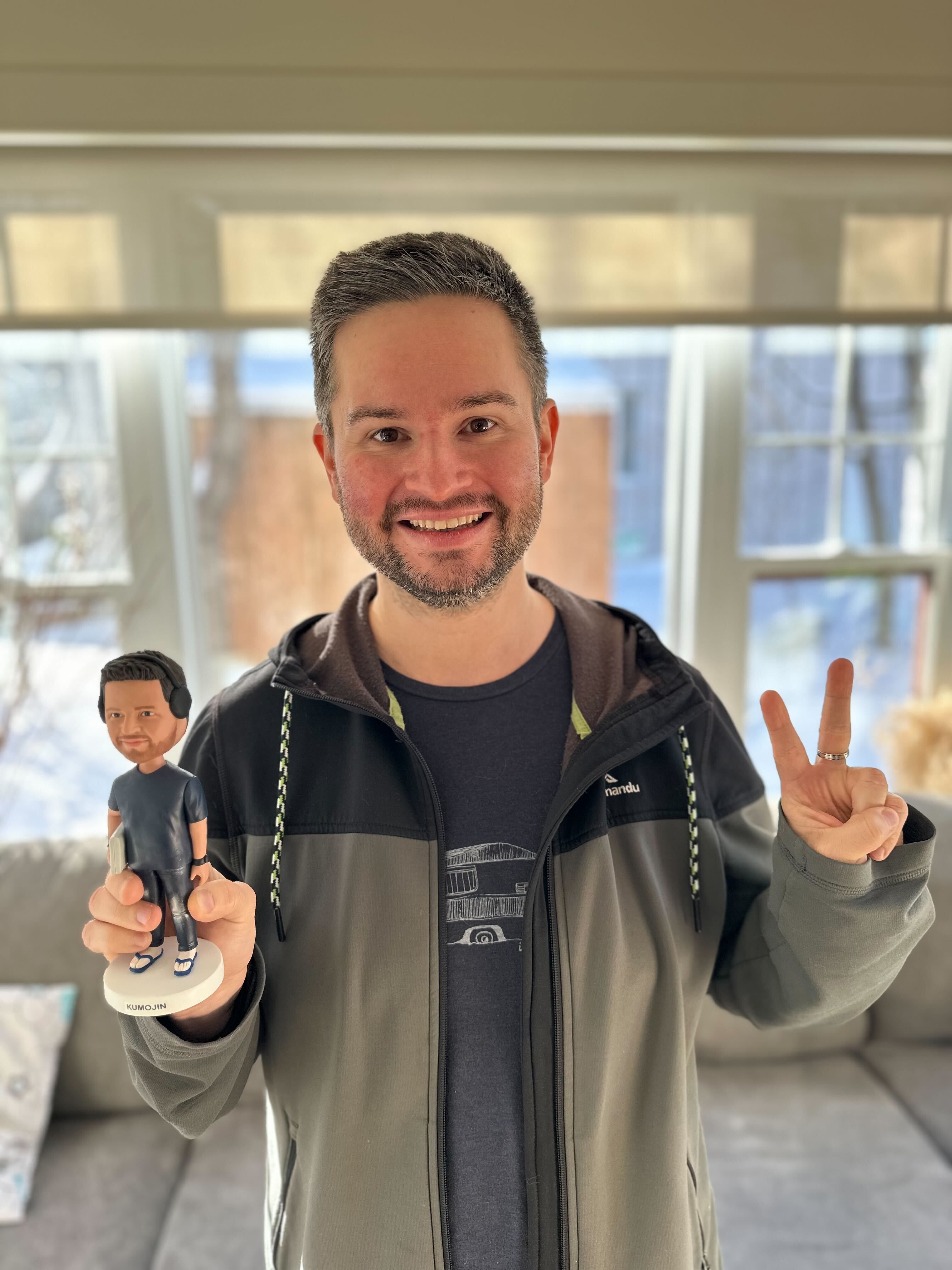 Team member happy showing his bubble head